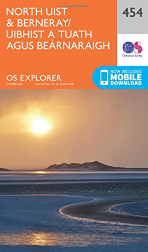 OS Explorer map cover of North Uist and Berneray with sunset scene.