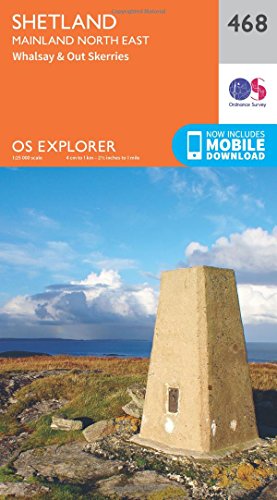 OS Explorer map of Shetland Mainland North East, featuring a trig point.