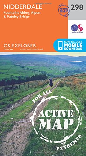 OS Explorer Active Map 298 of Nidderdale, showing a hiker on a trail.