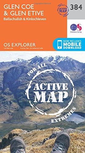 Outdoor map of Glen Coe and Glen Etive with mountain scenery.
