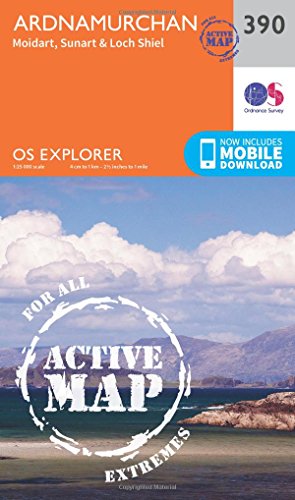 Orange and white Ordnance Survey Explorer map of Ardnamurchan, Moidart, and Loch Shiel.