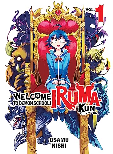 Manga cover: boy with blue hair seated on a demonic throne.