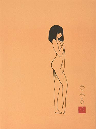 A line drawing of a young woman on a solid peach background.