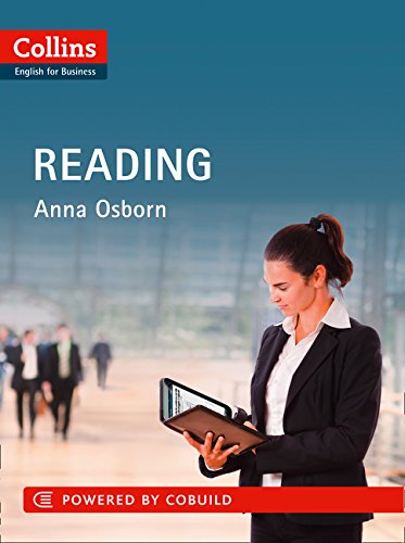 Book cover: "Collins English for Business: Reading" with woman using tablet.