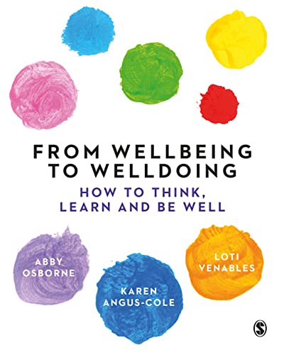 Book cover with colorful circles and text: "From Wellbeing to Welldoing.