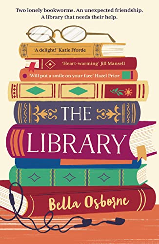 Stack of colorful books with the title "The Library" and bookworms.