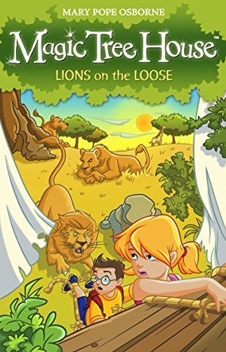 Book cover: children with lions in a grassy, tree-filled landscape.