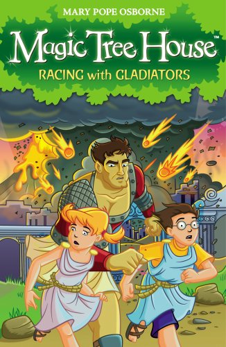 Book cover: children flee a gladiator and fiery destruction in Rome.