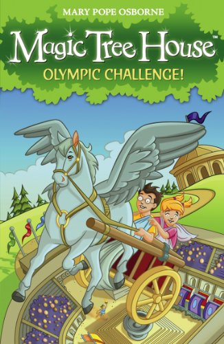 Book cover showing two children riding a winged horse chariot in an ancient stadium.