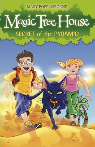 Book cover with children, a black cat, and pyramids in a desert.