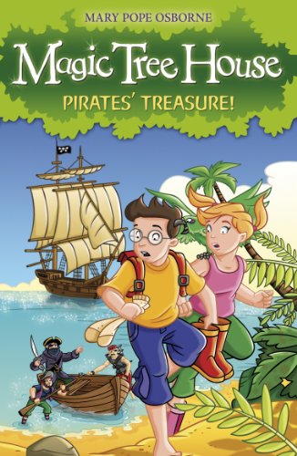Book cover of Magic Tree House: Pirates' Treasure! showing Jack and Annie on a beach.