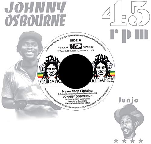 Vinyl record label for Johnny Osbourne’s “Never Stop Fighting,” featuring his portrait.