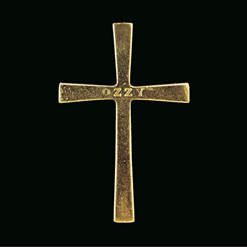 Golden cross with "Ozzy" inscribed, against a black background.