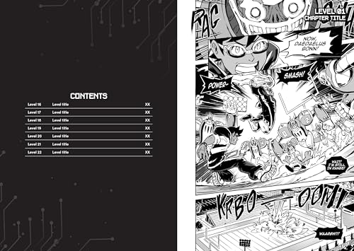 Black and white manga pages showing action, characters, and a contents list.