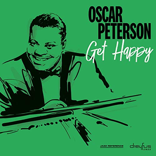Oscar Peterson album cover, green background, black and white sketch of pianist.