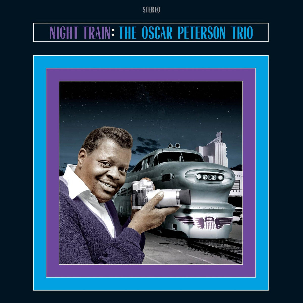 Album cover for Oscar Peterson’s “Night Train” featuring a train and portrait.
