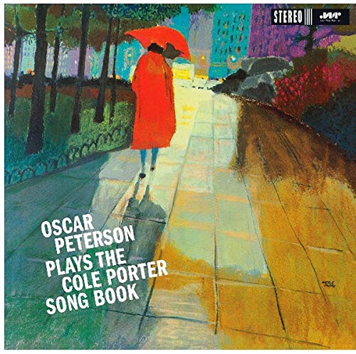 Impressionist painting of a person in a red coat walking with an umbrella.