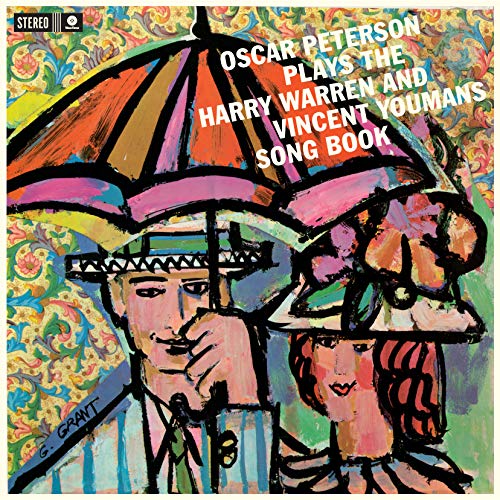 Oscar Peterson album cover with colorful painted umbrella and figures.