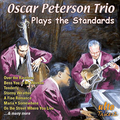 CD cover of Oscar Peterson Trio playing jazz standards, painted style.