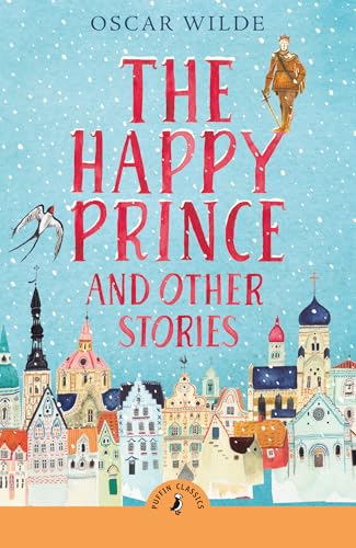 Book cover for “The Happy Prince” with illustrated cityscape and statue.