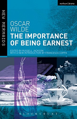 Book cover of The Importance of Being Earnest with blue, purple, and floral imagery.