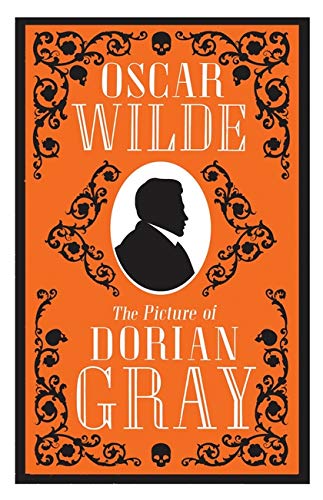 Book cover with orange background, black ornate borders, skull motifs, and a central silhouette.