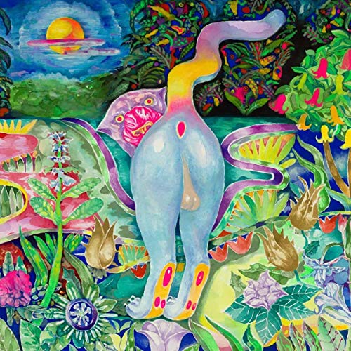 Painted album cover featuring a blue cat’s rear in a lush jungle.