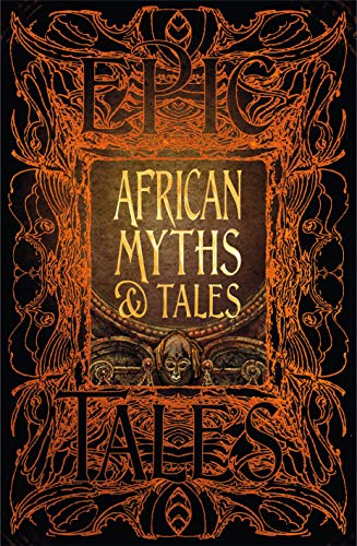 Book cover titled African Myths & Tales with ornate orange filigree on black background.