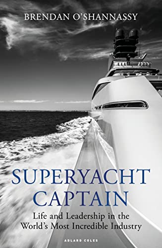 Black and white book cover showing a superyacht sailing on the open sea.