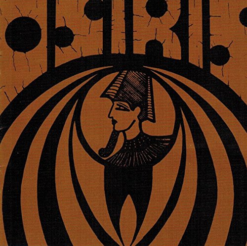 Brown and black illustration of a profile with a headdress.