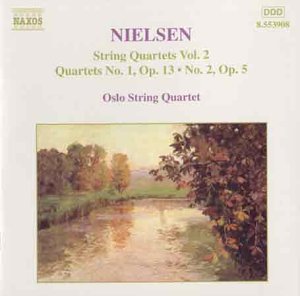 CD cover for Nielsen string quartets, featuring a riverside landscape.