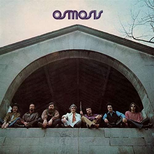 Seven band members sit in a row before a large stone arched structure.