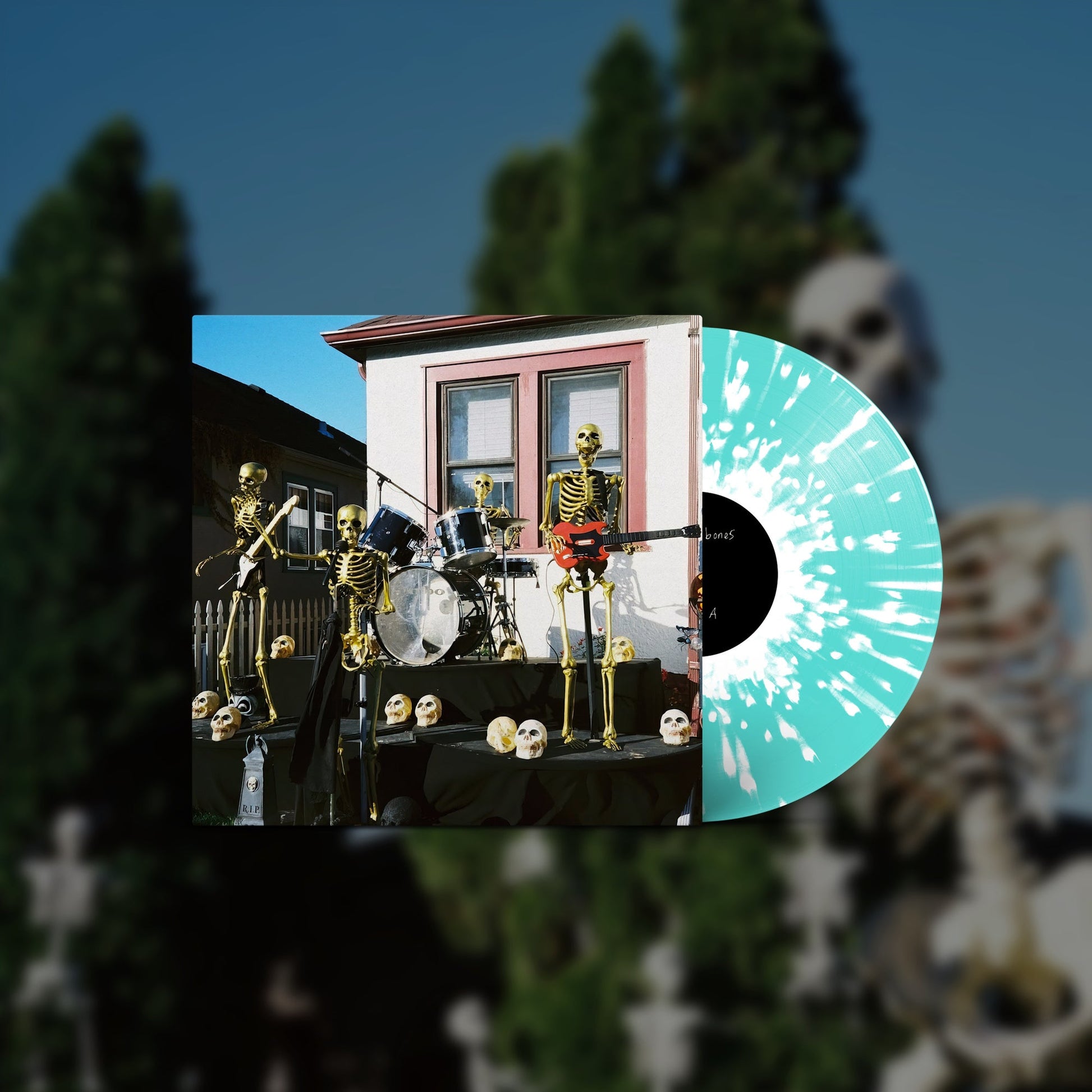 Vinyl record and cover art featuring a band of skeletons playing music.