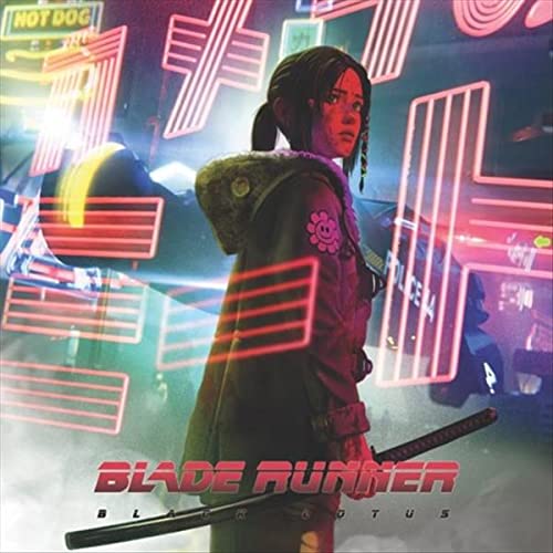 Anime-style woman with sword and coat standing in front of neon cityscape background.