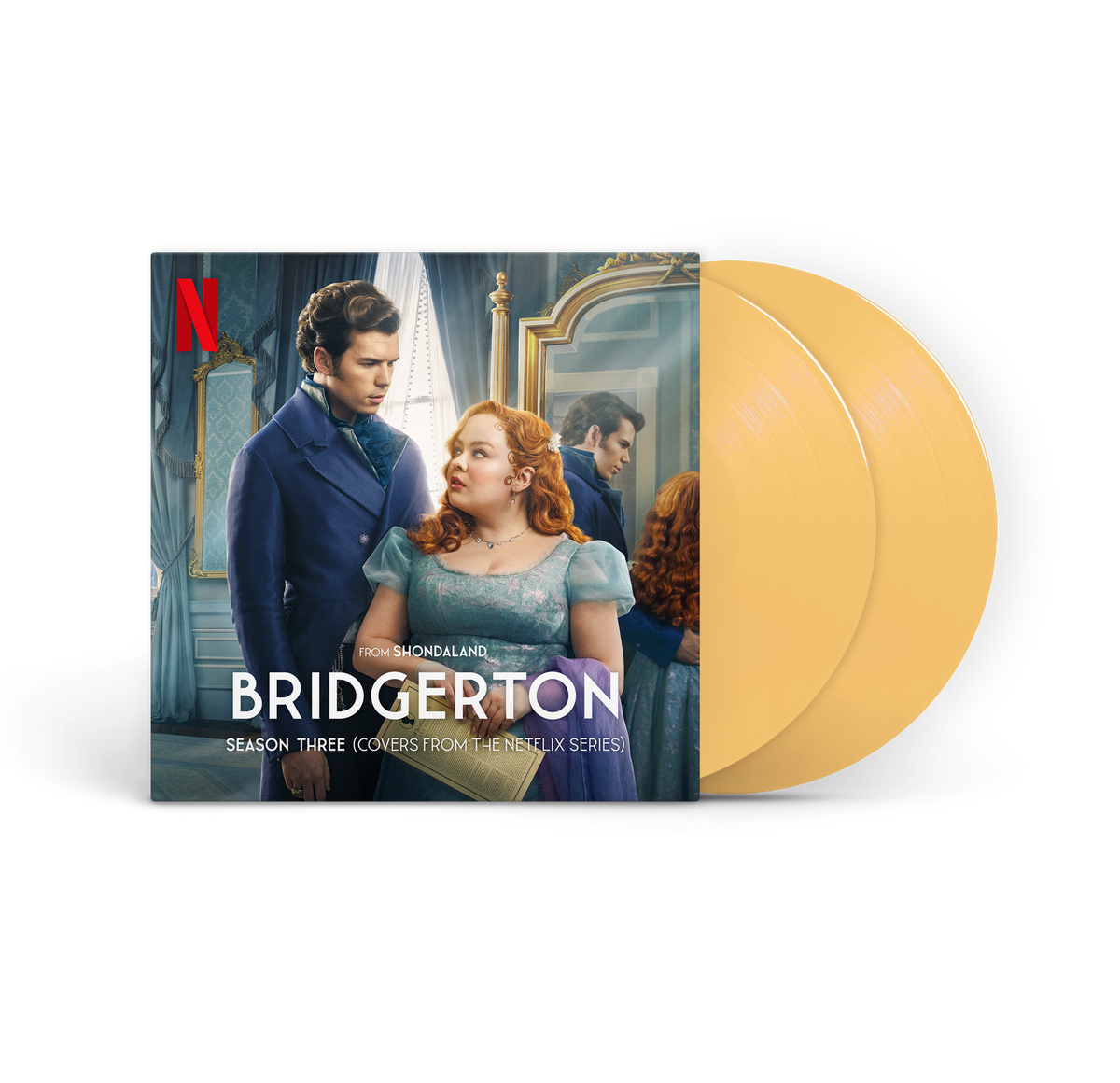 Bridgerton Season 3 vinyl record with cover art of characters.