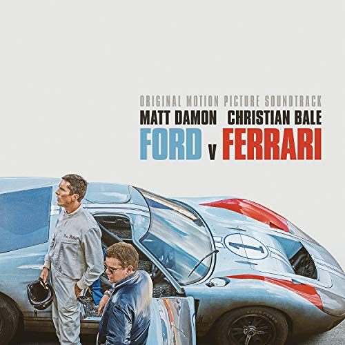 Ford v Ferrari" soundtrack vinyl cover featuring Matt Damon, Christian Bale, and a race car.