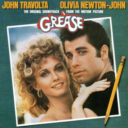 Vinyl record cover of Grease featuring John Travolta and Olivia Newton-John.