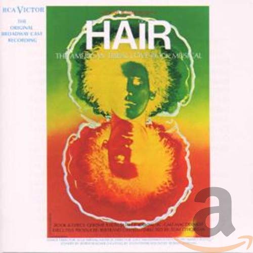 Hair" Broadway cast recording CD cover with afro and face silhouette.