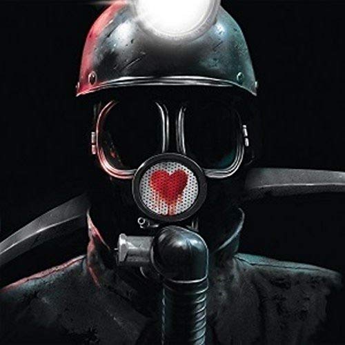 Dark metal gas mask with a red heart covering the filter.