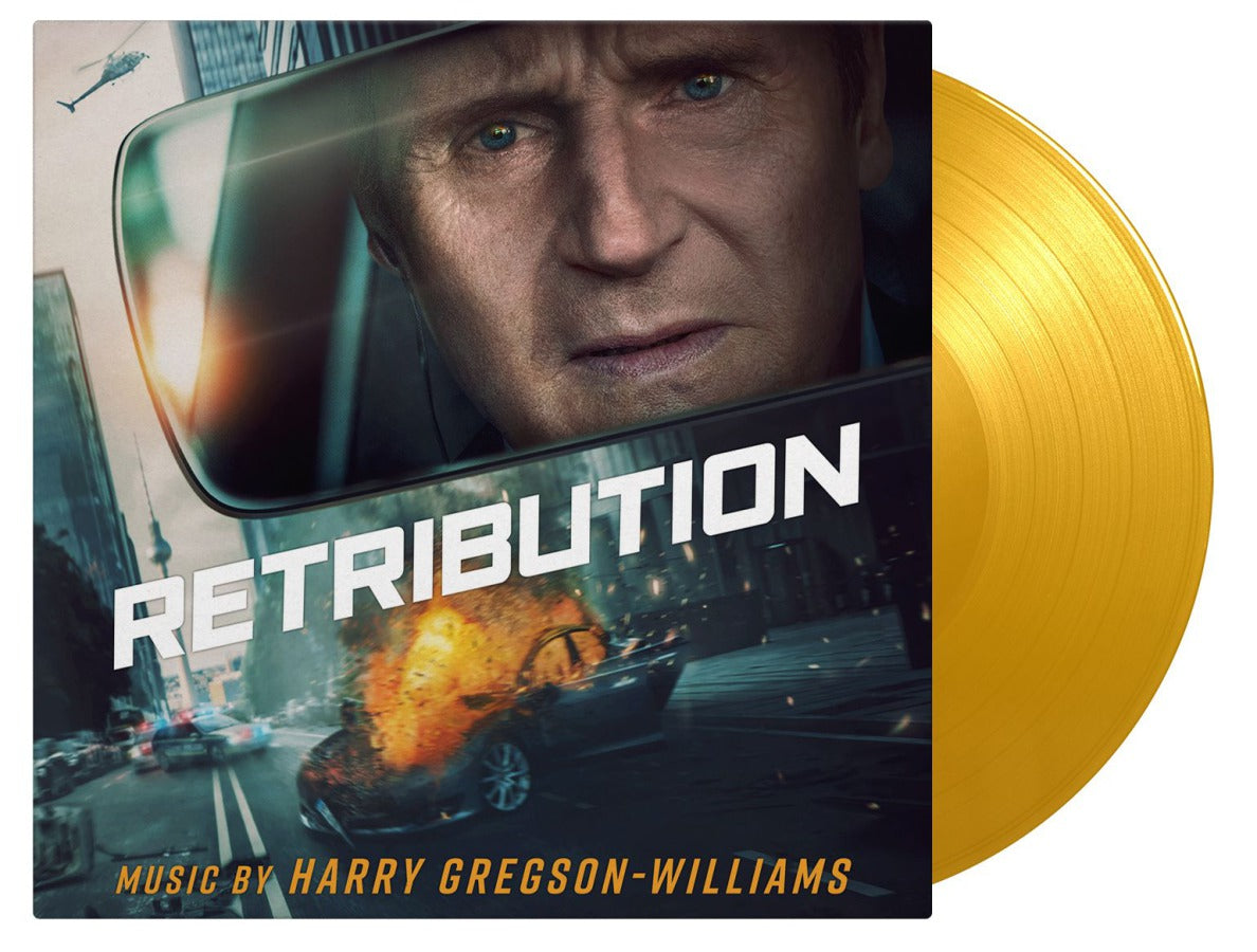 “Retribution” soundtrack vinyl record with Liam Neeson’s face and a yellow disc.