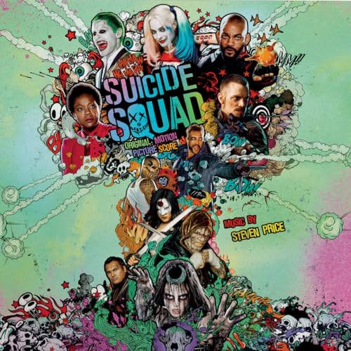 Suicide Squad" soundtrack album cover featuring character portraits and colorful chaos.
