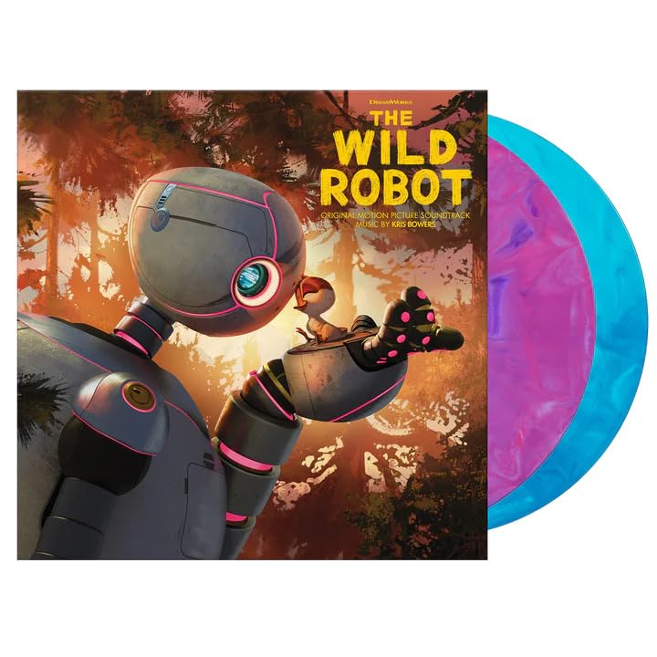 The Wild Robot soundtrack vinyl album cover with purple and turquoise vinyl records.