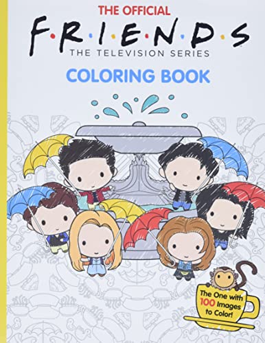 Friends coloring book cover with cartoon characters under umbrellas by a fountain.