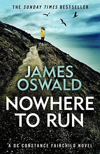 Book cover: woman on a coastal path with birds, title "Nowhere to Run".