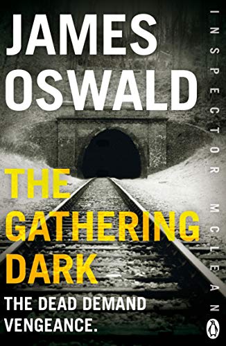 "Book cover with train tracks leading to a dark tunnel, titled 'The Gathering Dark'."