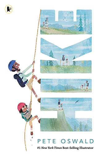 Book cover with illustrated scenes of people hiking in mountains.