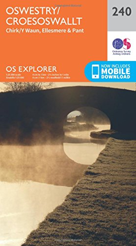 Orange Ordnance Survey Explorer map 240 of Oswestry and surrounding Welsh areas.