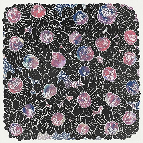 A square vinyl record cover featuring a floral pattern with black, pink, and blue flowers.