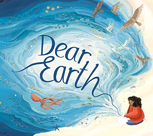 A girl writes on paper as a swirling ocean of fish, birds, and an octopus.