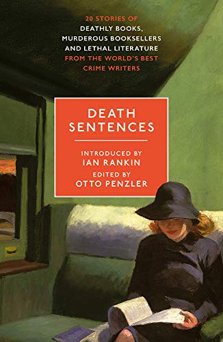 Book cover: “Death Sentences” with a woman reading, green background.
